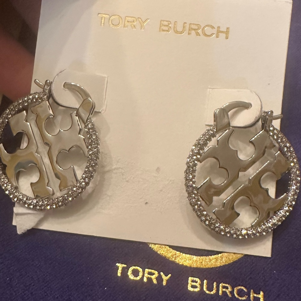 Tory Burch Silver Logo Hoop Earrings